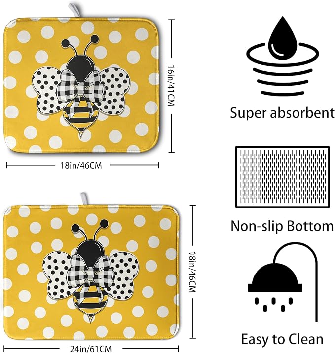 Bee Dish Drying Mat for Kitchen Counter 18x24 Inch Yellow Bumblebee Polka Dots - Image 2