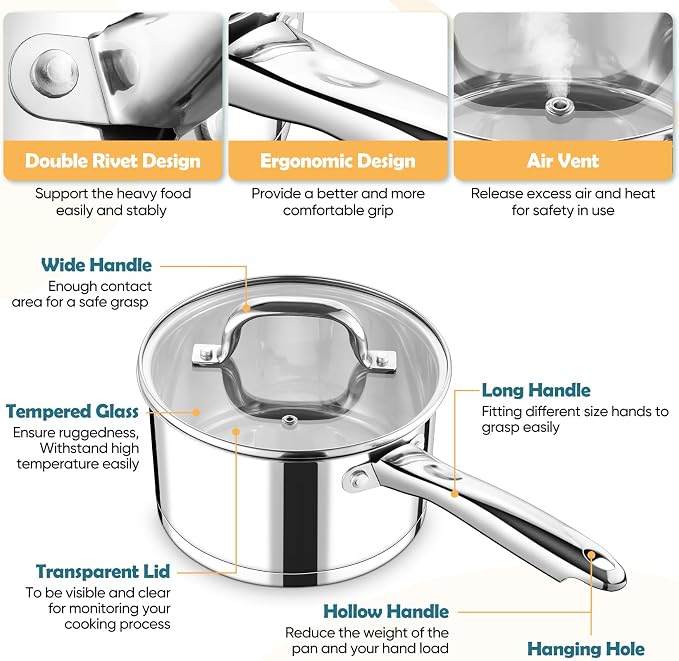 P&P CHEF 3 Quart Saucepan with Lid Set, Stainless Steel Small Cooking Pot - Image 3