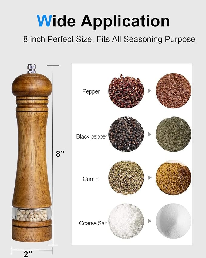 Pepper Grinder Salt Grinder Wooden Pepper Mill Grinder w/Adjustable Coarse - Image 5