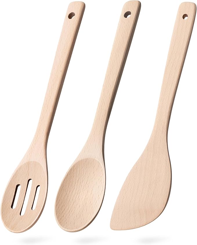 Wooden Spoons for Cooking, 3-Piece Wood Utensil Set Includes Slotted Spoon by HEFILD
