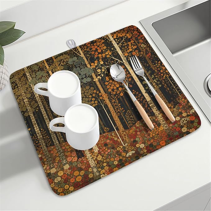 Fall Dish Drying Mat for Kitchen Counter Autumn Forest Vintage Botanical Nature - Image 8
