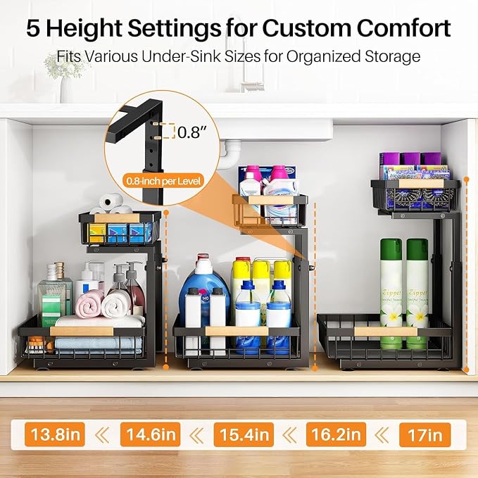 PXRACK Under Sink Organizer, Adjustable Height, 2 Tier Pull Out Under Cabinet - Image 5