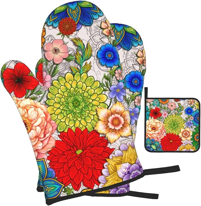 Boho Floral Oven Mitts and Pot Holders Set of 3, Cute Colorful Flowers Heat - Image 2