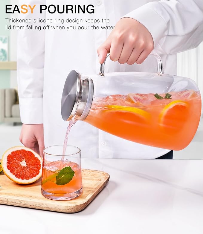 Glass Pitcher with Lid, 2 Liter 68oz Water Pitcher with Handle and Spout - Image 2