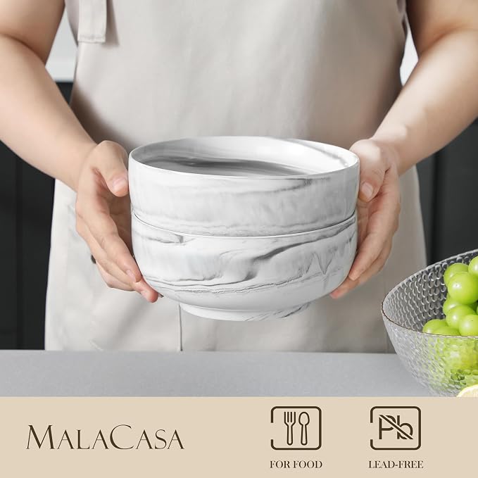 MALACASA Large Soup Bowls Set, 44 OZ Salad Bowl Cereal Bowl Set of 2, Marble - Image 3