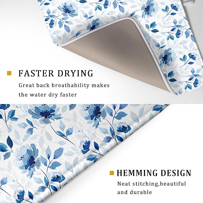 Blue Floral Dish Drying Mat 18x24 inch Flower Leaves Dish Rack Pad Microfiber - Image 3