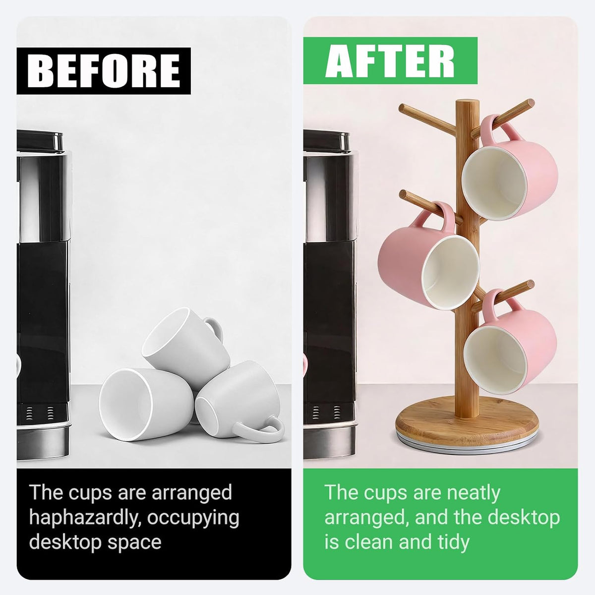 Coffee Mug Tree, 360° Rotated Mug Holder with 6 Hooks, Bamboo Latte