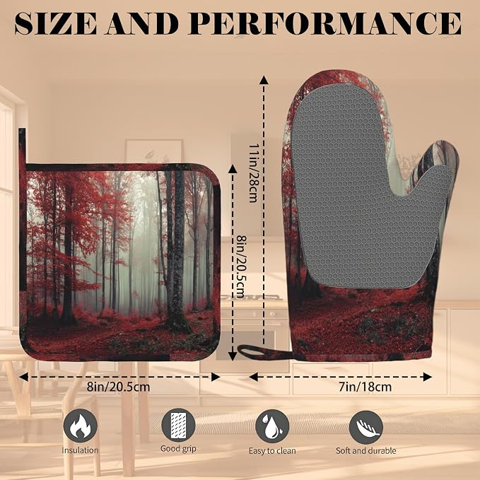 Forest Oven Mitts and Pot Holders Sets Red Trees Landscape Silicone Heat - Image 3