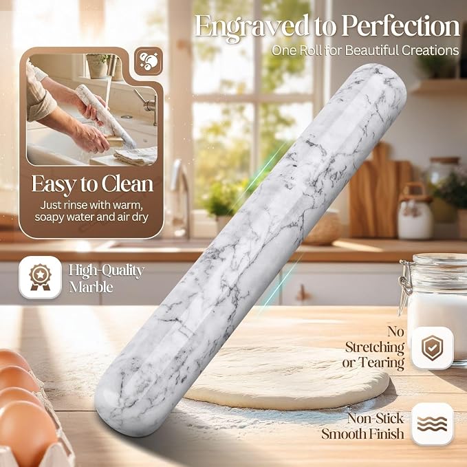 Flexzion French Rolling Pin, 12 Inch White Marble Rolling Pins - Image 3