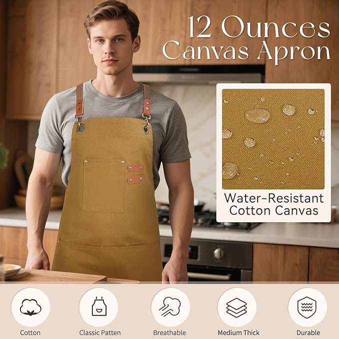 Chef Aprons for Men Women with Large Pockets, Cotton Canvas Water Repellent - Image 6