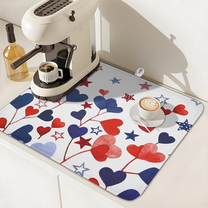 4th of July Dish Drying Mat for Kitchen Counter Patriotic Red Blue Star Love - Image 7