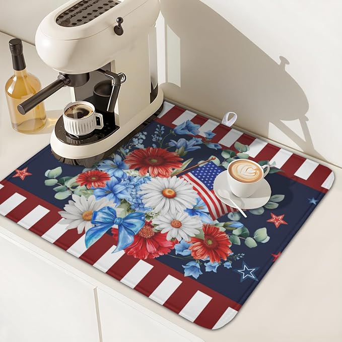 4th of July Dish Drying Mat for Kitchen Counter Patriotic Red Blue and White - Image 7