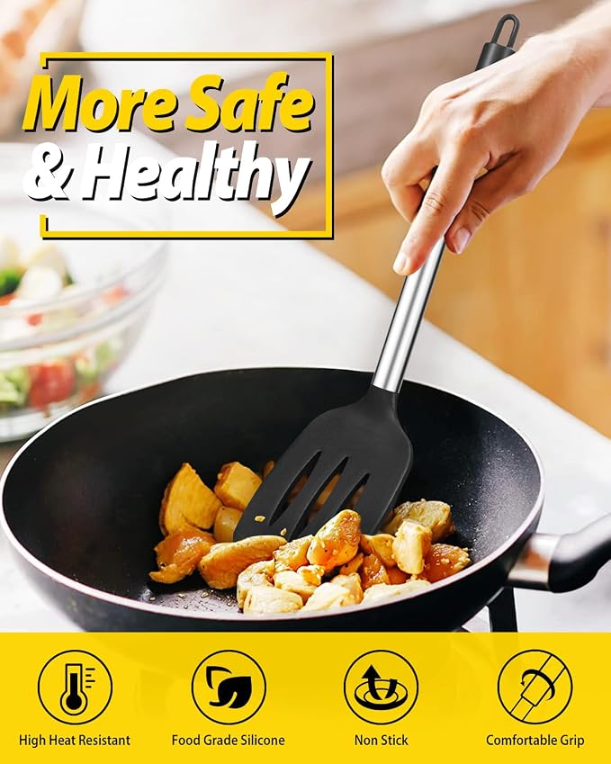 Pack of 2 Silicone Solid Turner, Non Stick Slotted Kitchen Spatulas, High Heat - Image 4