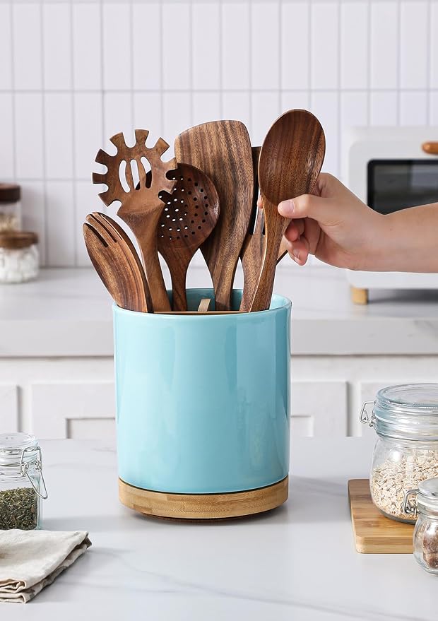 LoeJan 3 Compartment Utensil Holder, Extra Large Utensil Crock, Stable Ceramic - Image 6