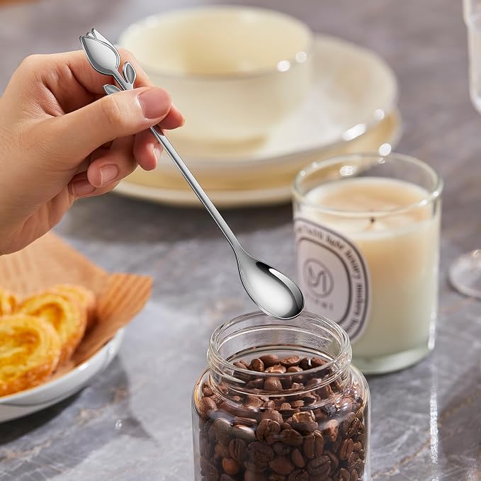 Silver Tulip/Rose Handle 12-Pcs Mini Coffee Spoons Set - Image 3