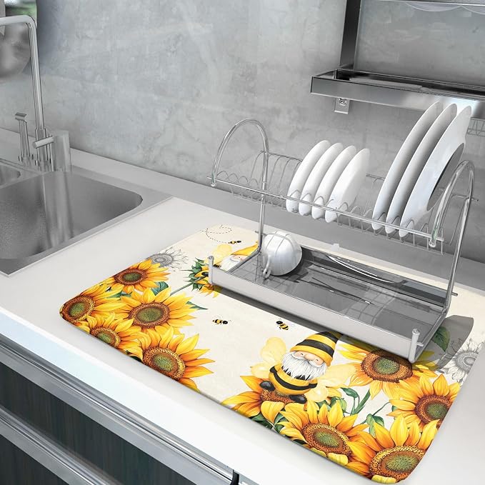 Giwawa Bee Gnomes Dish Drying Mat, Summer Sunflowers Elf Dish Drainer Mats - Image 5
