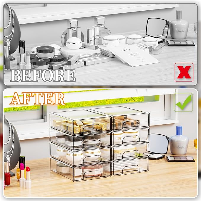 Yieach 8 Pack Small Clear Stackable Storage Drawers, 2.2'' Tall Desk - Image 8