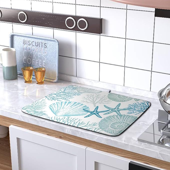 Summer Teal Dish Drying Mat for Kitchen Counter Nautical Coastal Blue Dishes - Image 5