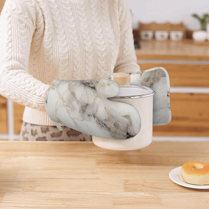 Oven Mitts and Pot Holders Set, Marble Pattern Gray White Silicone Kitchen - Image 7