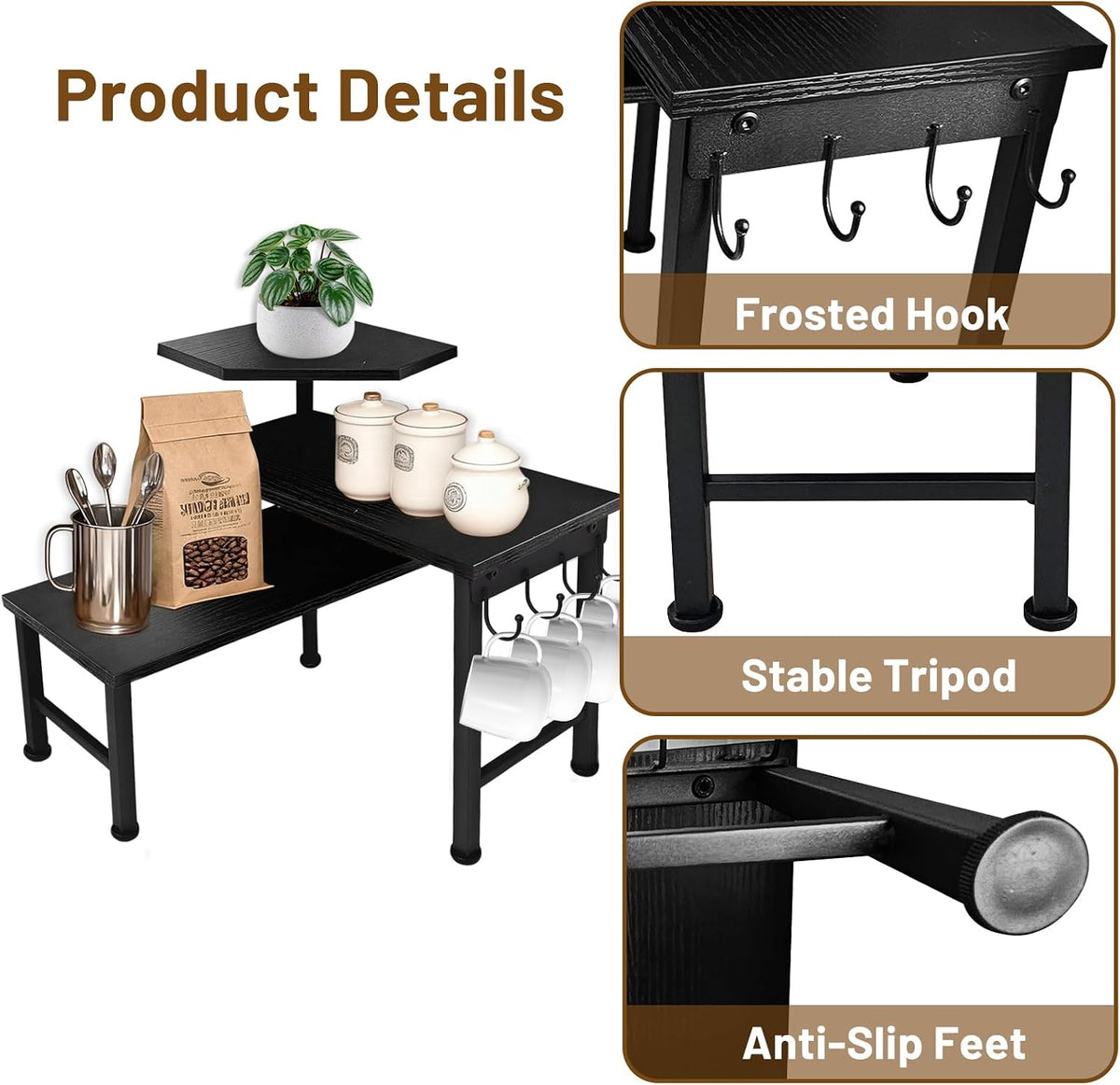 Counter Organizer Shelf, 3 Tier Moveable Black Corner Shelf Organizer