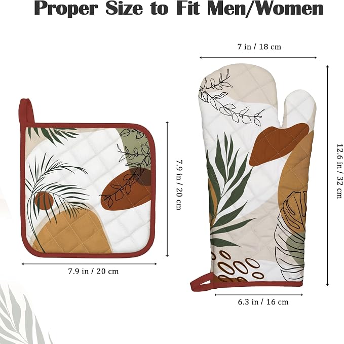 Boho Leaf Oven Mitts and Pot Holders Sets 4Pcs, 100% Cotton Heat Resistant - Image 4