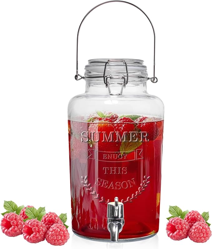 Glass Beverage Dispenser with Airtight Lid and Handle, 0.8 Gallon Drink by PYVYLO