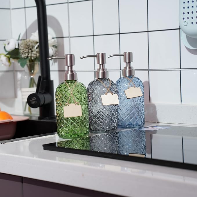 16 oz Diamond Pattern Glass Soap Dispenser, Kitchen and Bathroom Refillable - Image 5