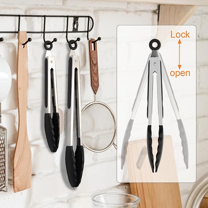 2 Pack Black Premium Stainless Steel Heat Resistant Kitchen Tongs - Image 7
