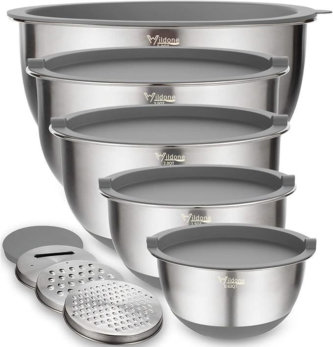 Wildone Mixing Bowls with Airtight Lids Set, with Grater Attachments & Non-Slip by Wildone