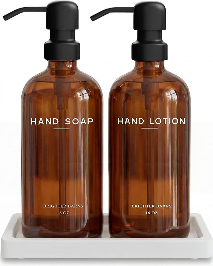 Amber Glass Soap and Lotion Dispenser Set by BrighterBarns