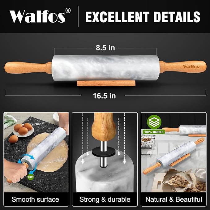 Walfos Marble Rolling Pin With Wooden Handles & Wood Cradle, 16.5 Inch Marble - Image 2