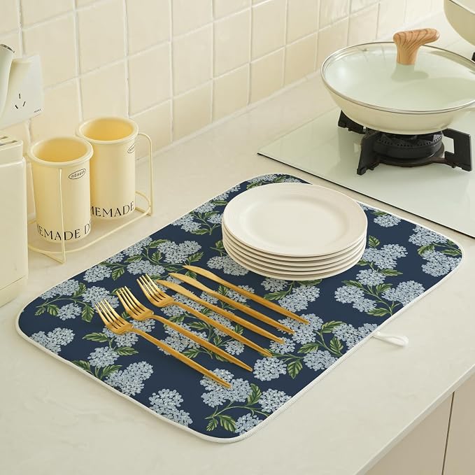 Navy Blue Dish Drying Mat 18x24 Inch Blue Green Vintage Floral Hydrangea Flower - Image 4