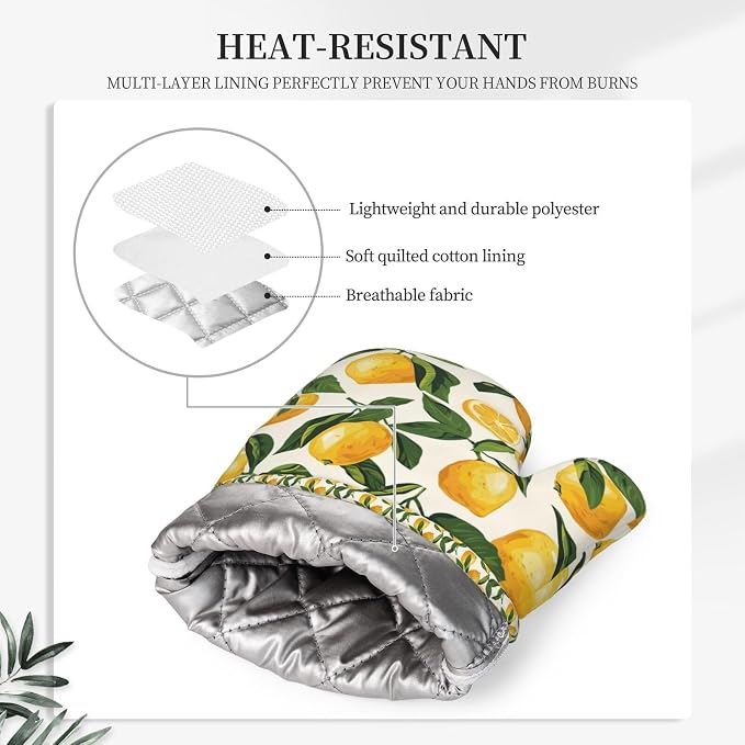 Oven Mitts and Pot Holders Set, Lemon Fruit Watercolor Silicone Kitchen - Image 4