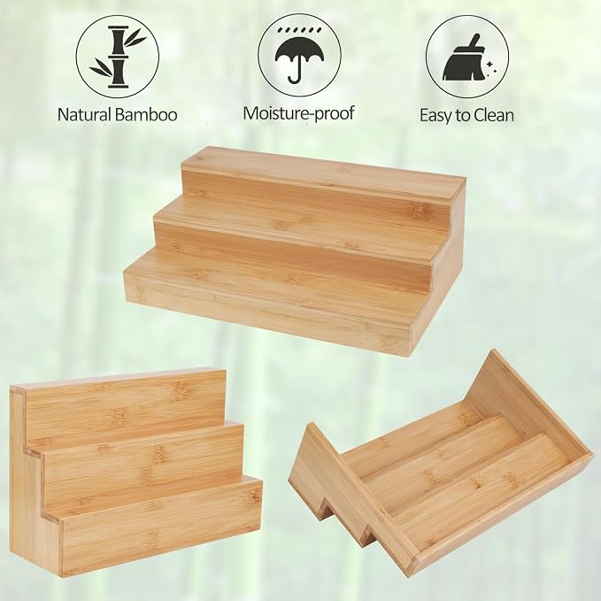 Bamboo Spice Rack for Cabinet, 3 Tier Spice Riser Shelf, 2 Pack Spices Stand - Image 6
