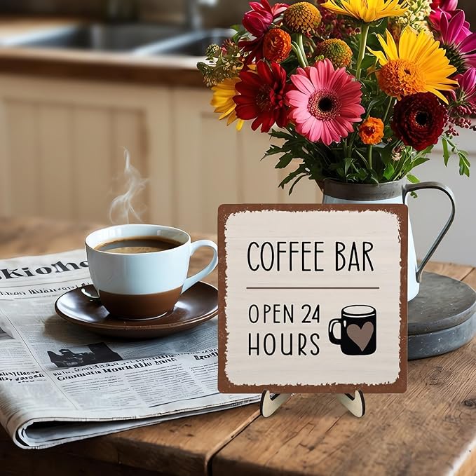Coffee Bar Sign Plaque Decor, Coffee Bar Accessories, Rustic Wooden Tabletop - Image 6