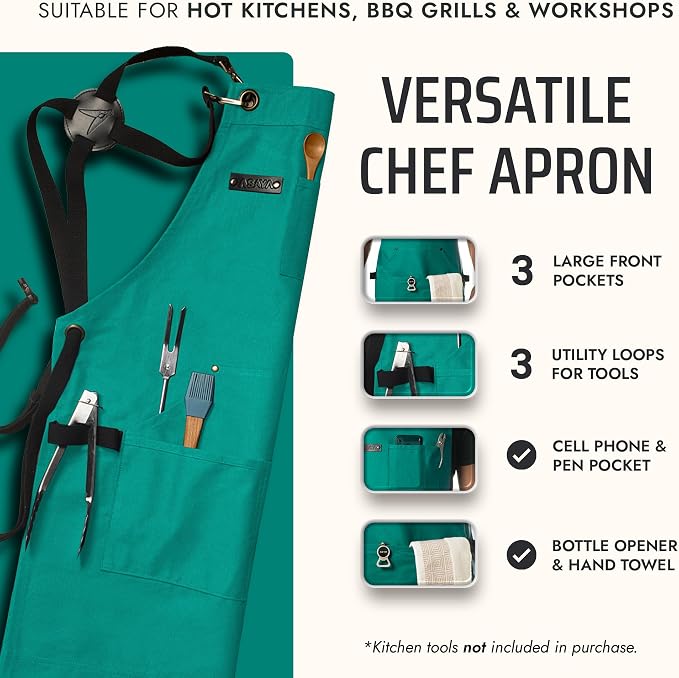 Asaya Chef and BBQ Apron with Bottle Opener and Hand Towel - 10oz Cotton Canvas - Image 2
