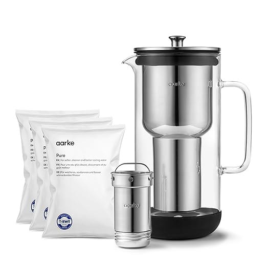 Aarke Purifier Regular Glass Pitcher Bundle w/Steel Filter, 4 Pure Refill by aarke