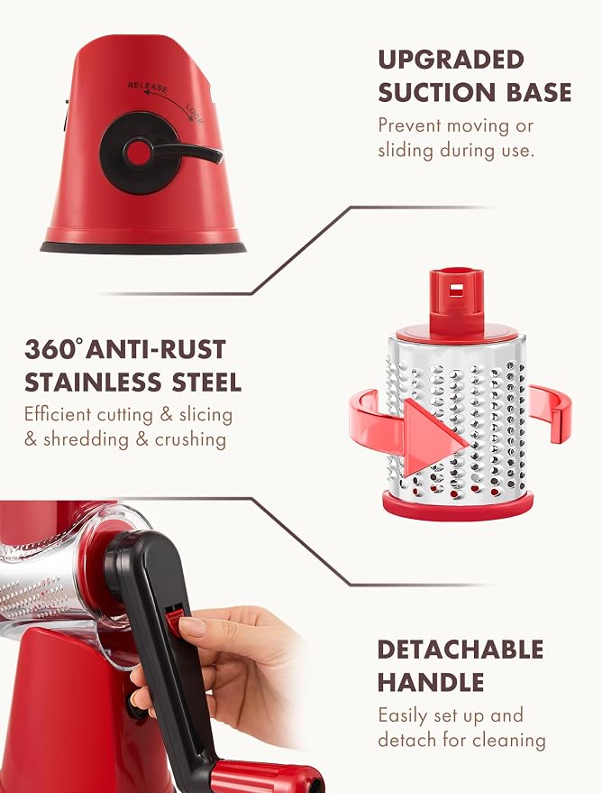 GDL Rotary Cheese Grater, Upgraded 5-in-1 Cheese Grater Hand Crank, Vegetable - Image 6