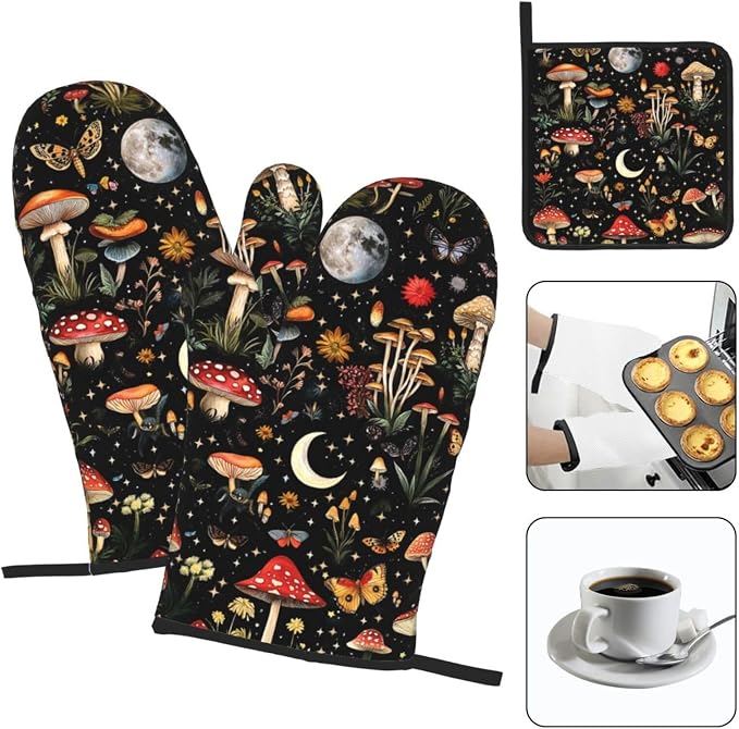 Cute Mushroom Oven Mitts and Pot Holders Sets of 3, Heat Resistant Black Hot - Image 4