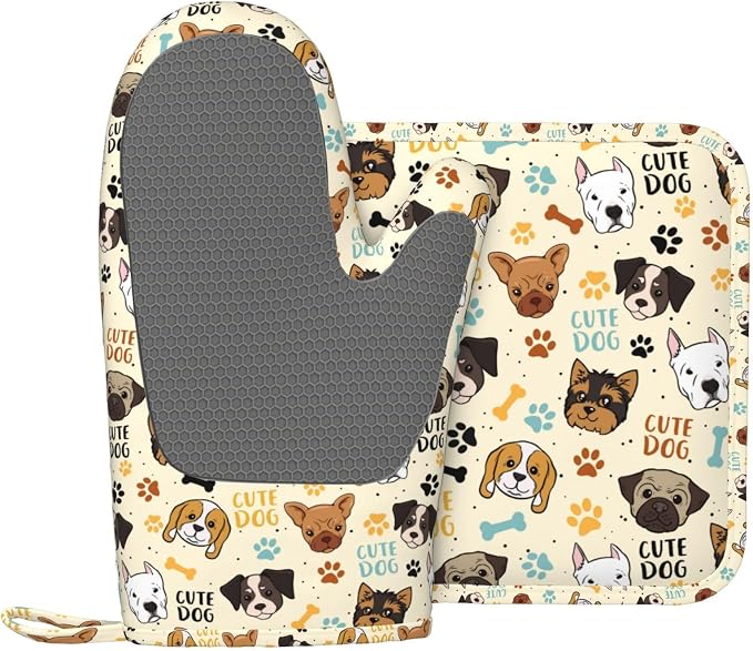 Cute Dog Oven Mitts and Pot Holders Set by Nmbvcxz