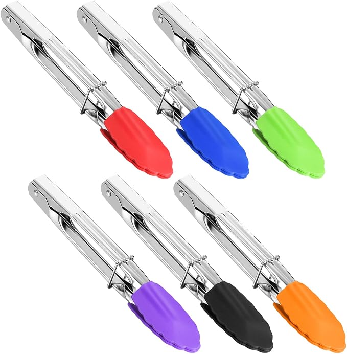 6 Pieces 7 Inch Mini Silicone Tip Tongs Kitchen Serving Tongs Small Metal - Image 2