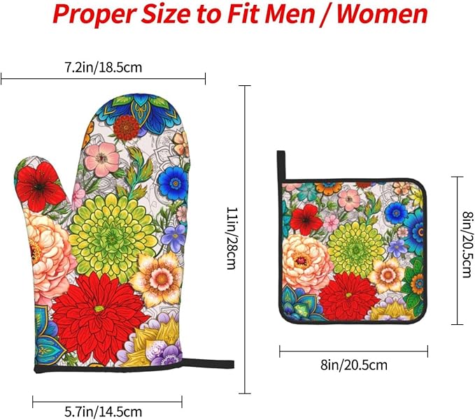 Boho Floral Oven Mitts and Pot Holders Set of 3, Cute Colorful Flowers Heat - Image 4