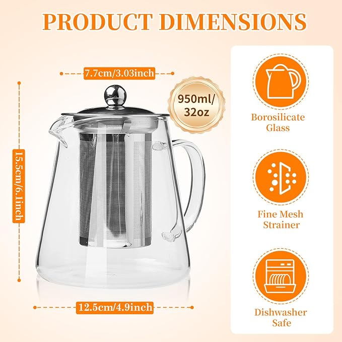 Glass Teapot with Stainless Steel Infuser, Borosilicate Tea Kettle - Image 2