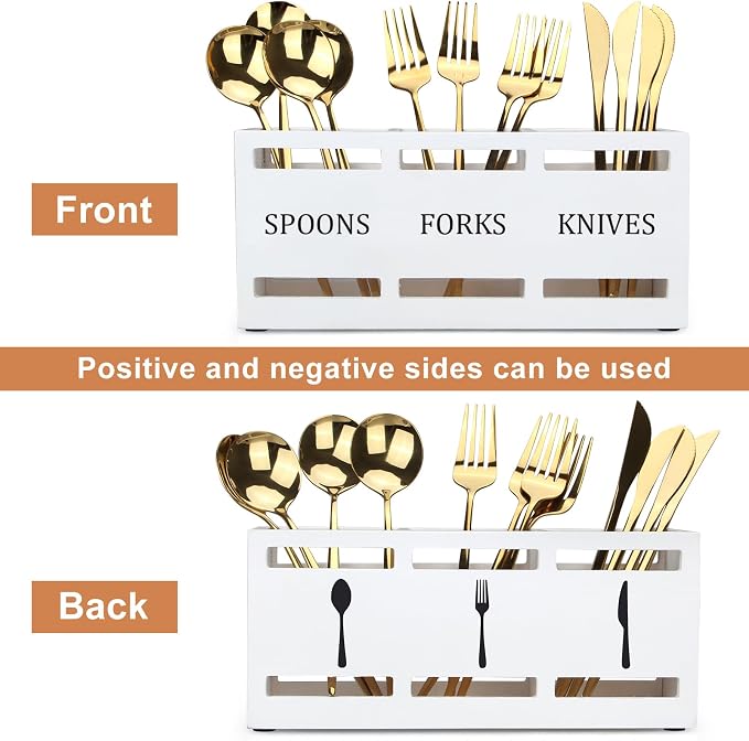 Wooden Silverware Cutlery Holder White Flatware Caddy Small Kitchen Utensil - Image 4