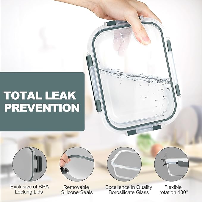VERONES 10 Pack Glass Meal Prep Containers, Airtight Glass Lunch Containers - Image 3