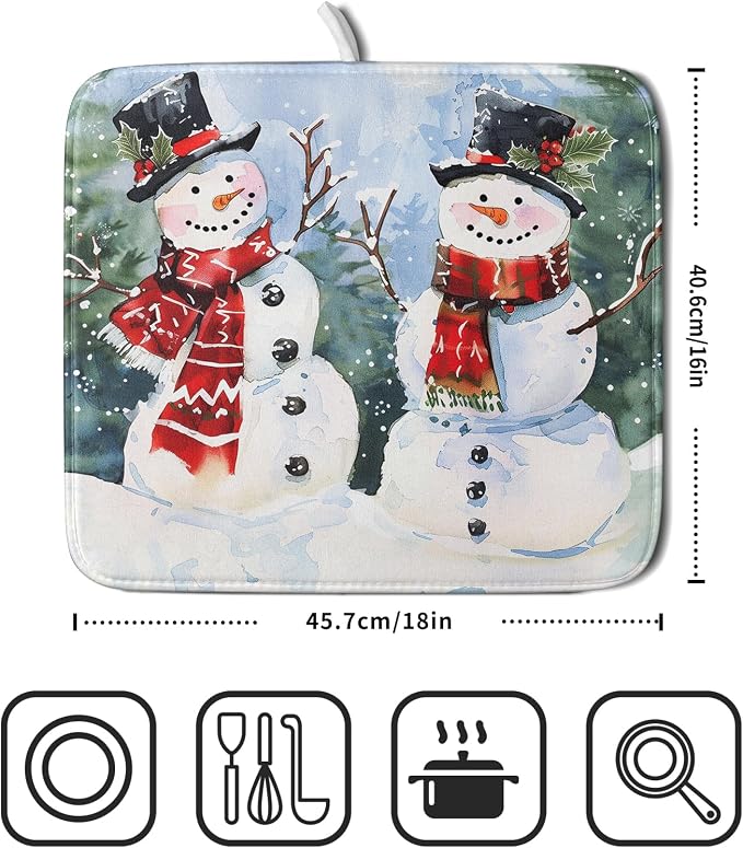 Winter Dish Drying Mat 16 x 18 Inch Xmas Snowman Pattern Dish Drying Pad - Image 2