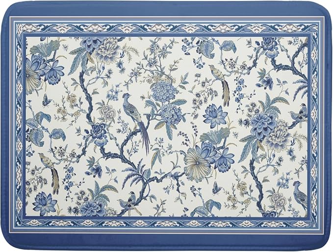 Giwawa Chinoiserie Dish Drying Mat 18x24in Blue White Oriental Floral Birds by Giwawa