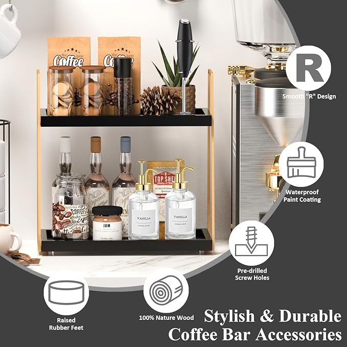 Coffee Bar Accessories, 2 Tier Large Wooden CoffeeBar Shelf - Image 5