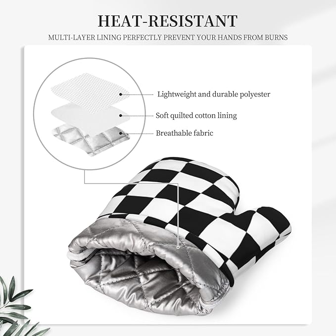 Black White Check Plaid Oven Mitts and Pot Holders Sets Silicone Black and - Image 4