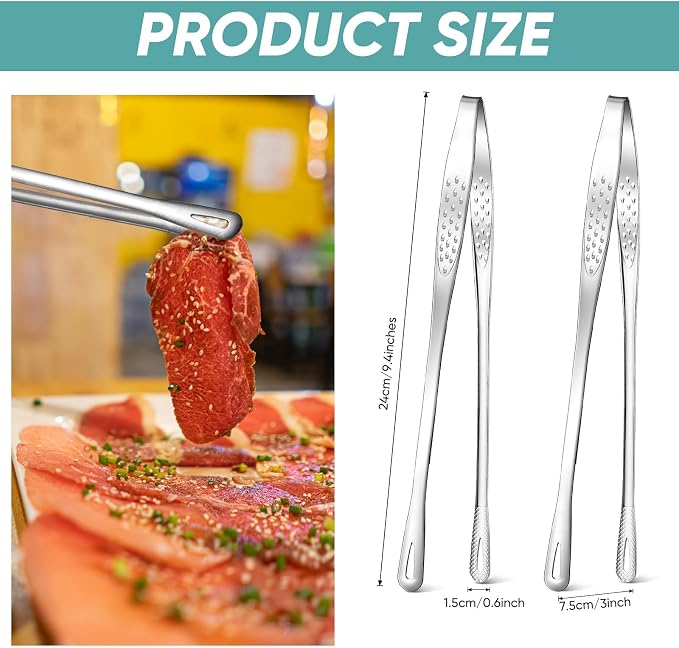 meekoo 6 Pcs 9.5 Inches Stainless Steel Korean BBQ Grill Tongs Japanese - Image 2
